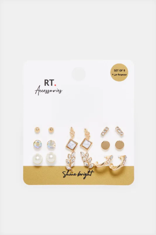 Women Gold Embellished Studs (9 Pairs) sold by Redtag