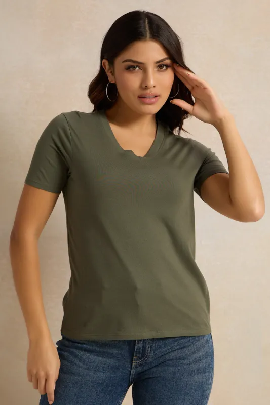 Women Olive V Neck T-Shirt sold by Redtag