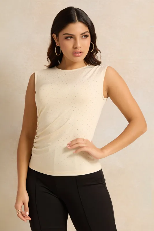 Women Cream Embellished Side Ruched Sleeveless Top sold by Redtag