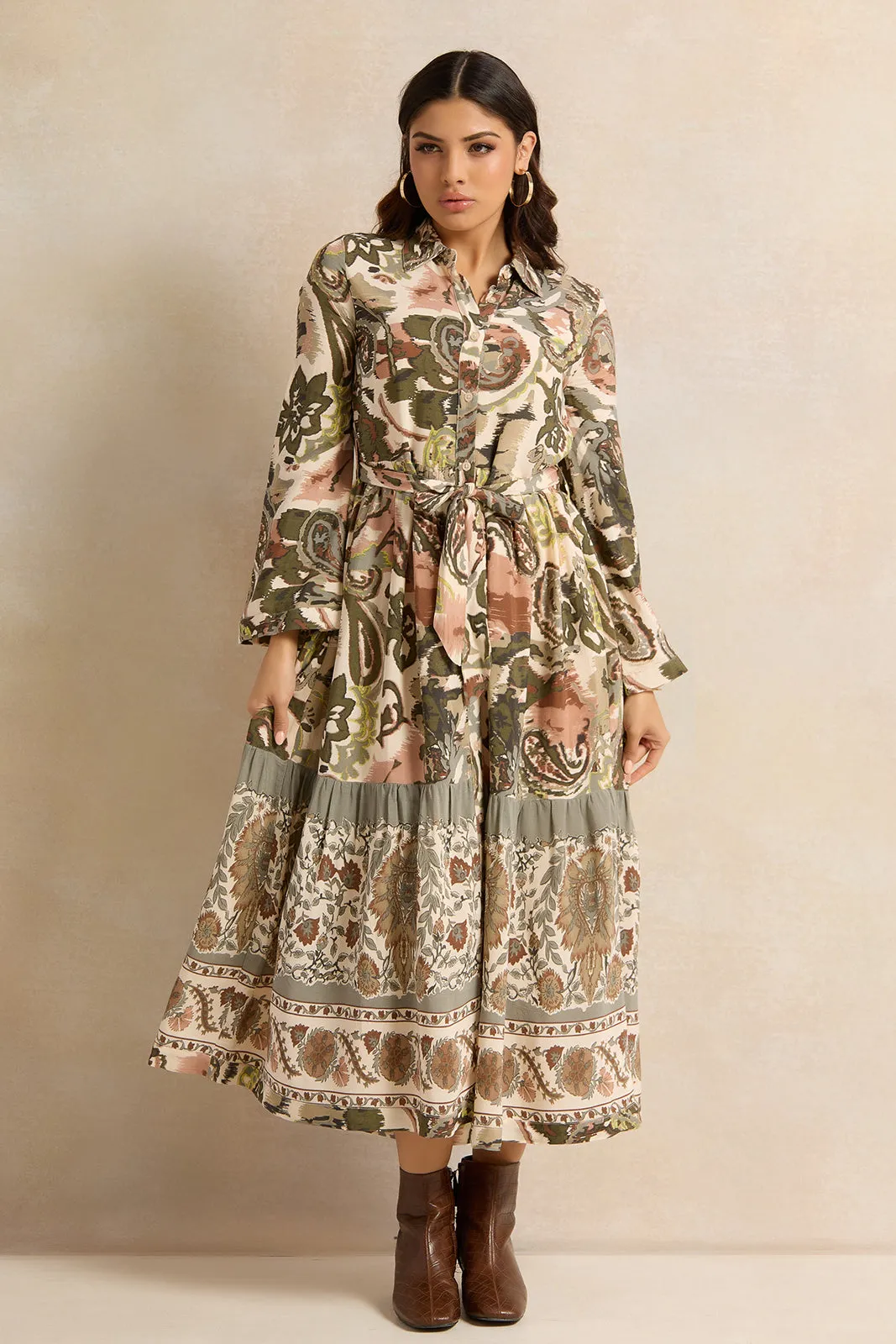 Women Multicolour Printed Tiered Shirt Dress sold by Redtag