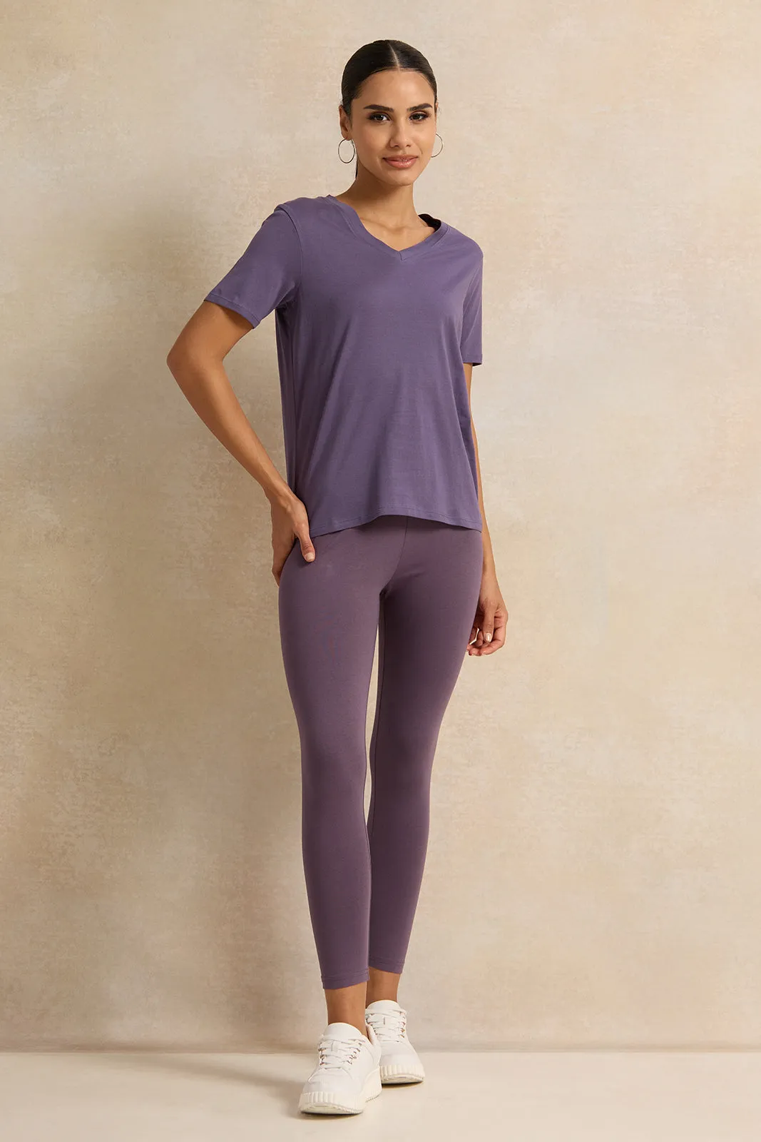 Women Purple Solid V Neck T-Shirt sold by Redtag product image thumbnail 2