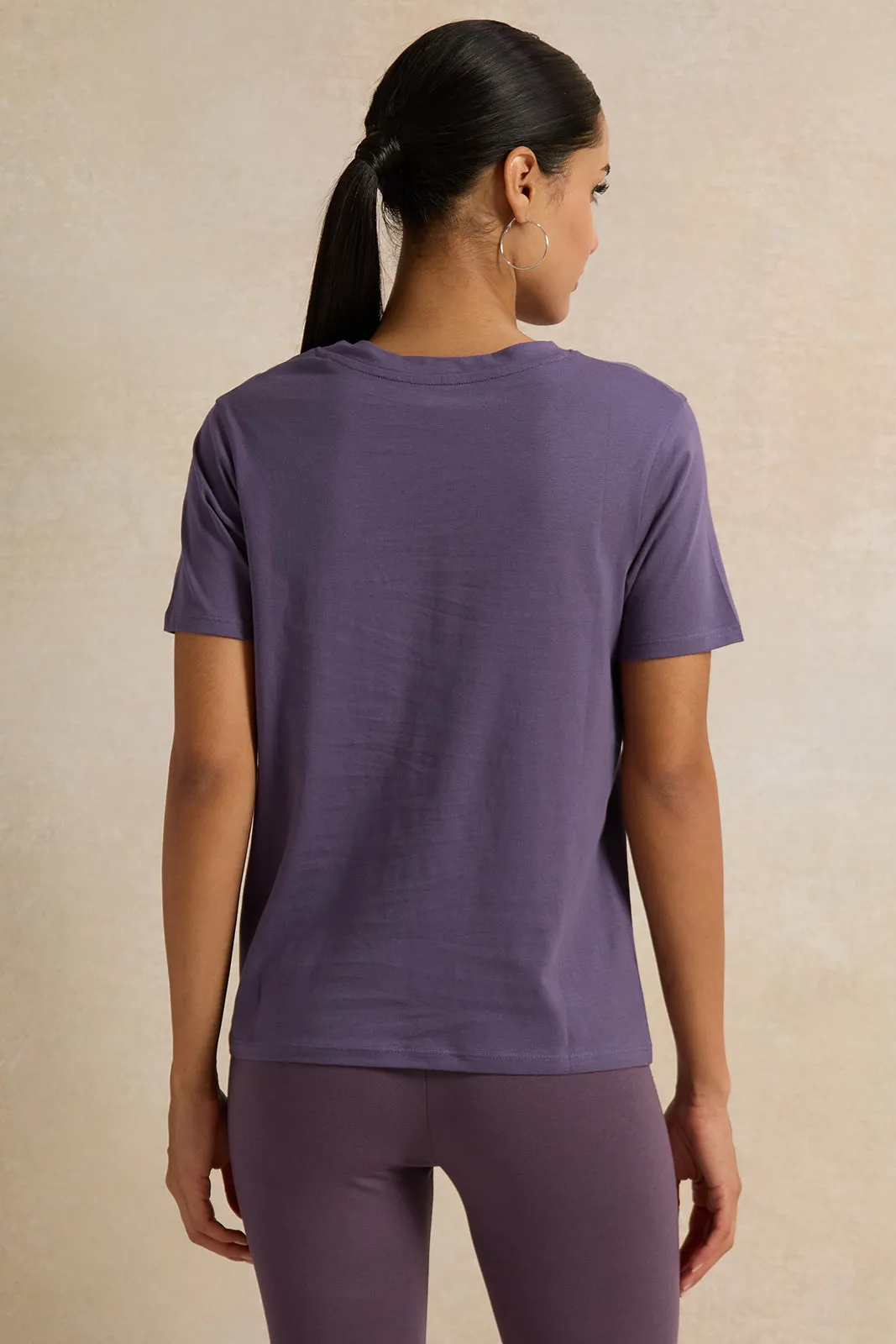 Women Purple Solid V Neck T-Shirt sold by Redtag product image thumbnail 3