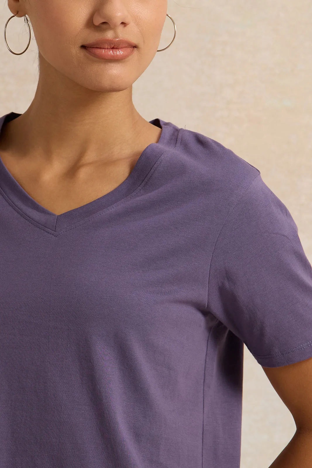 Women Purple Solid V Neck T-Shirt sold by Redtag product image thumbnail 4
