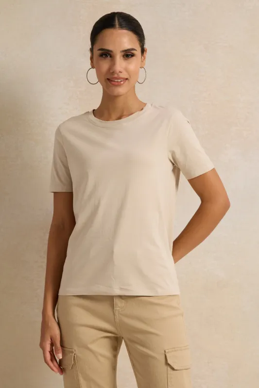 Women Beige Crew Neck T-Shirt sold by Redtag