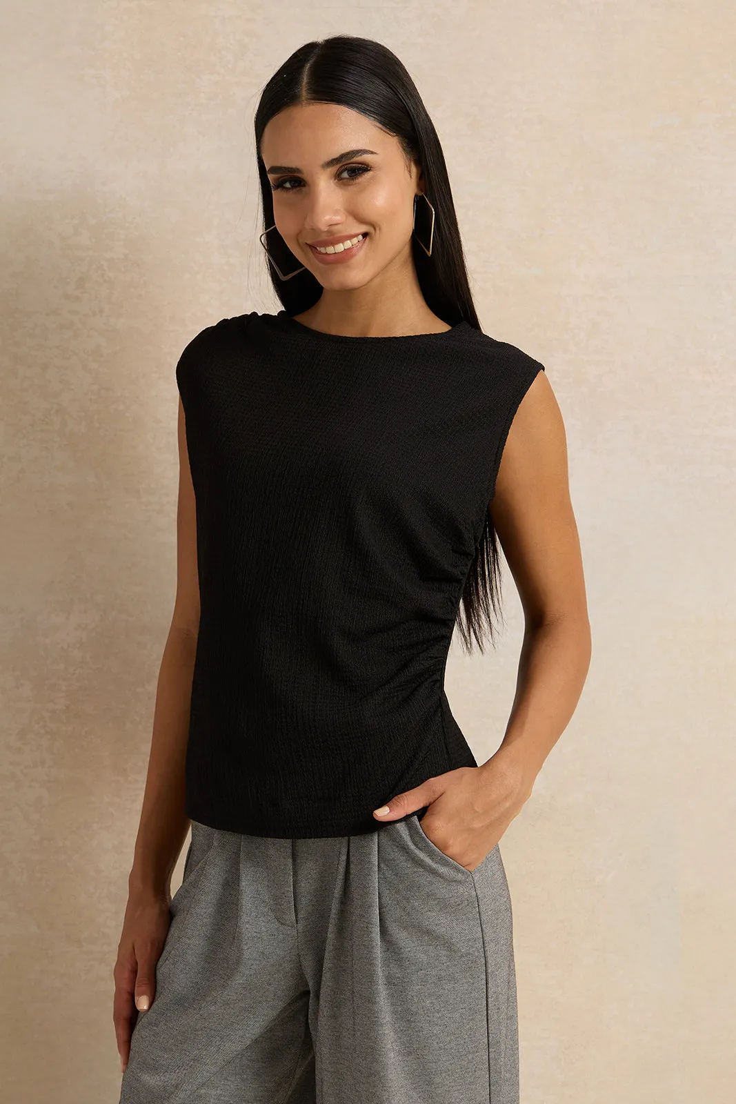 Women Black Side Ruched Top sold by Redtag
