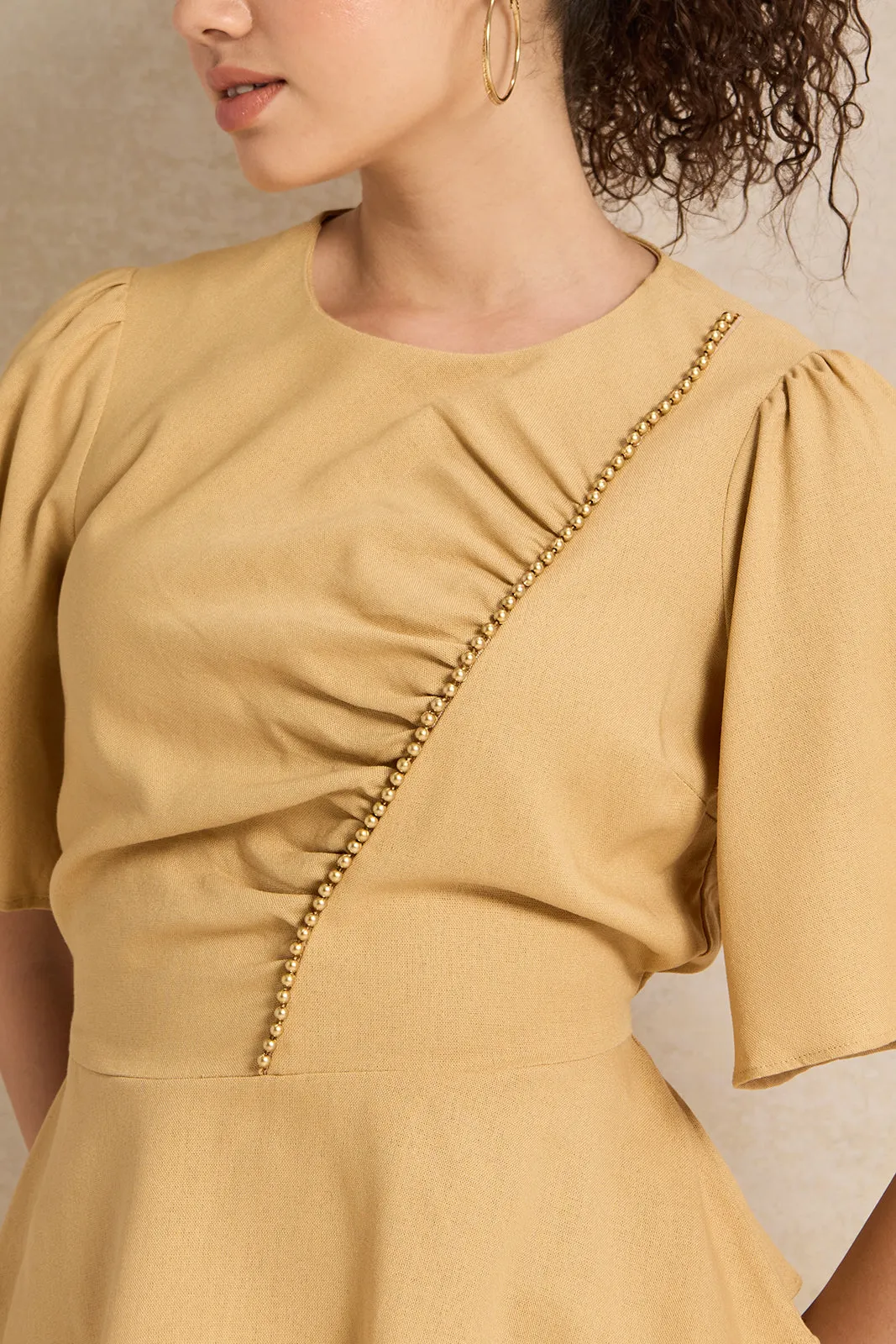 Women Beige Beaded Trim Gathered Blouse sold by Redtag product image thumbnail 4