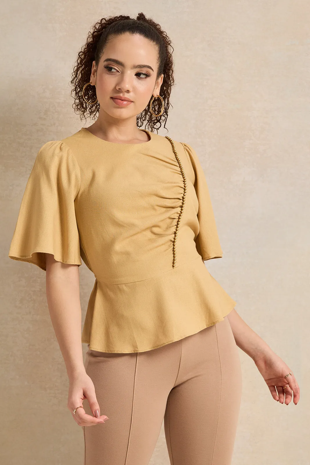 Women Beige Beaded Trim Gathered Blouse sold by Redtag