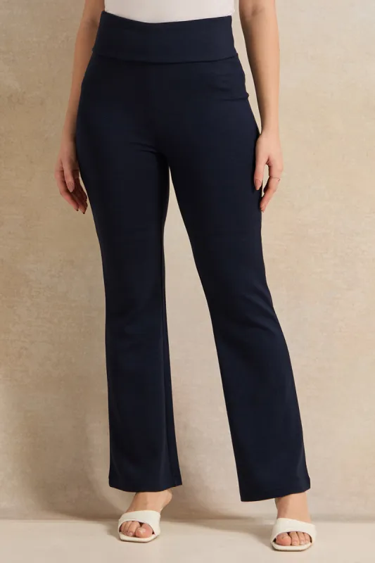 Women Navy Fold Over Waistband With Flare Leggings sold by Redtag
