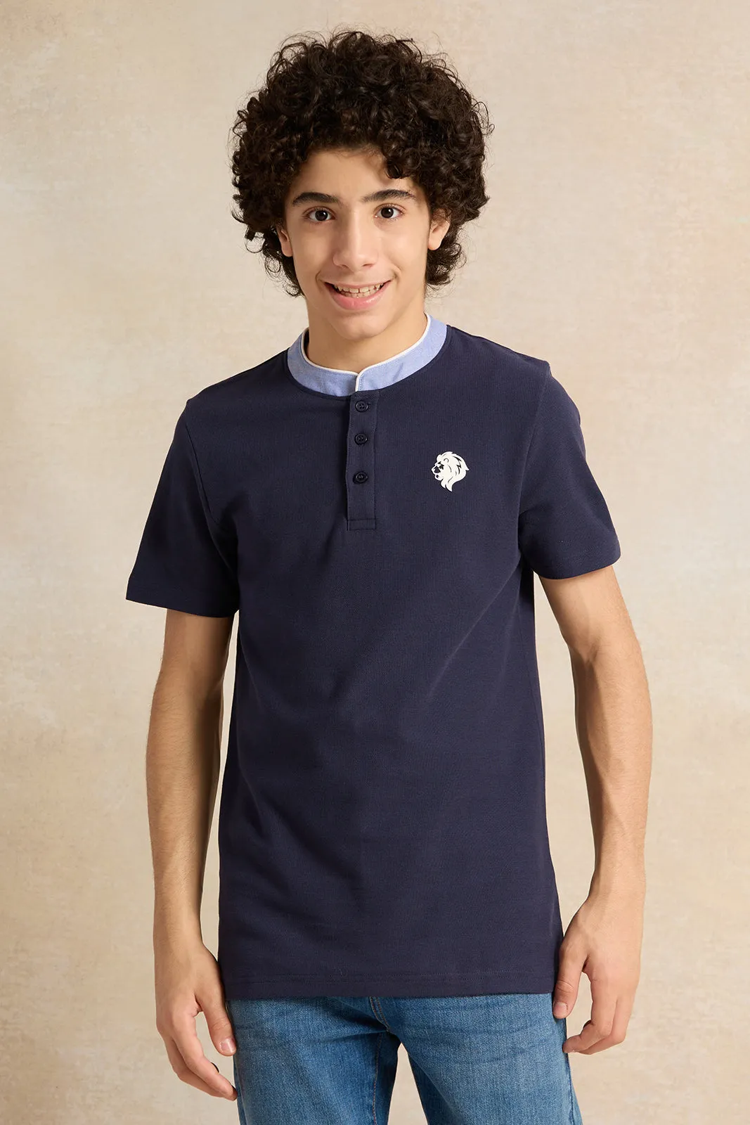 Senior Boys Navy Mandarin Collar Polo T-Shirt sold by Redtag
