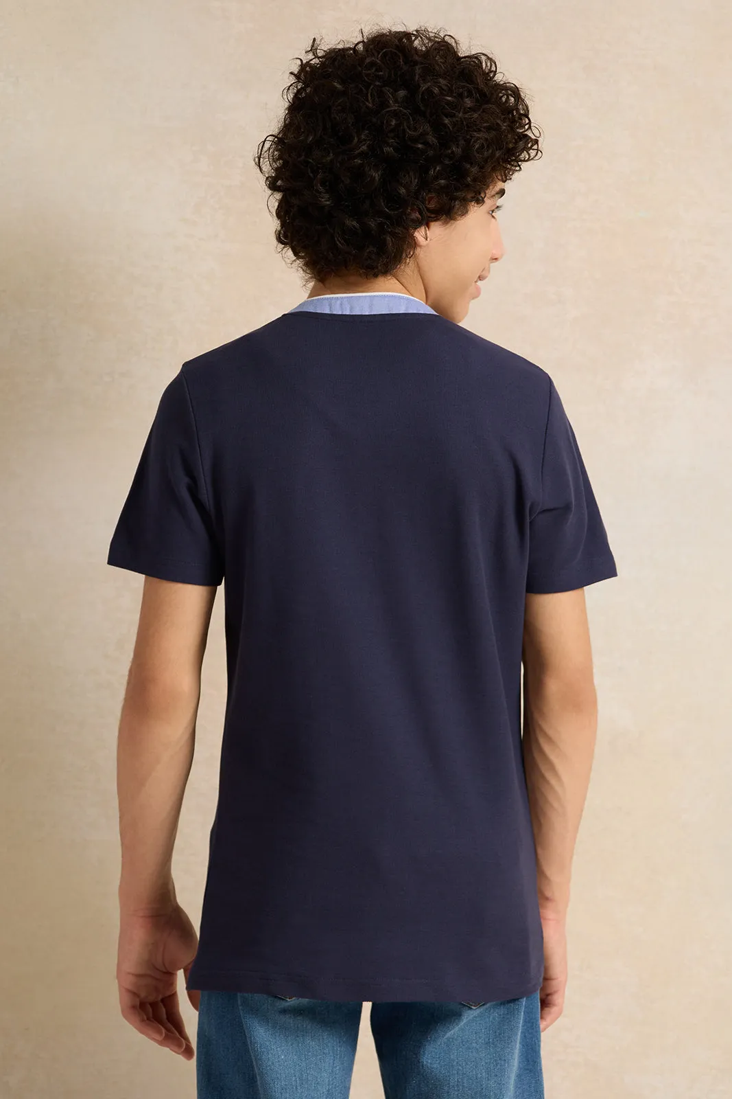 Senior Boys Navy Mandarin Collar Polo T-Shirt sold by Redtag product image thumbnail 3