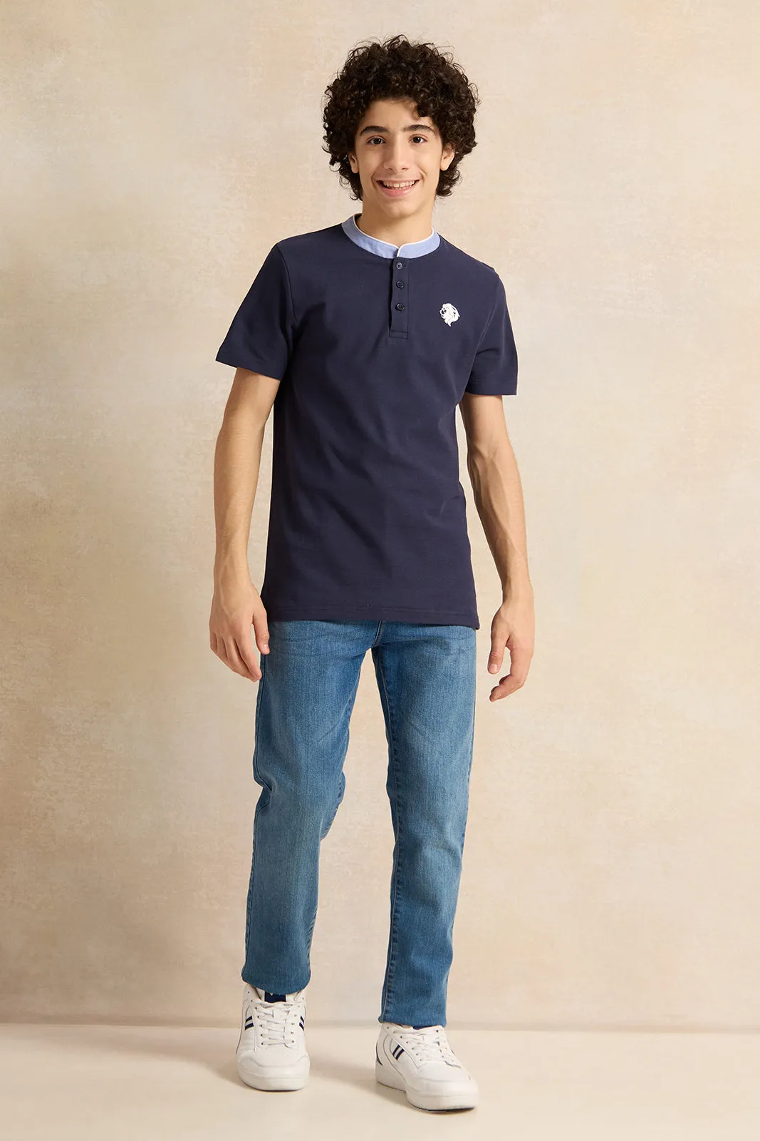 Senior Boys Navy Mandarin Collar Polo T-Shirt sold by Redtag product image thumbnail 2
