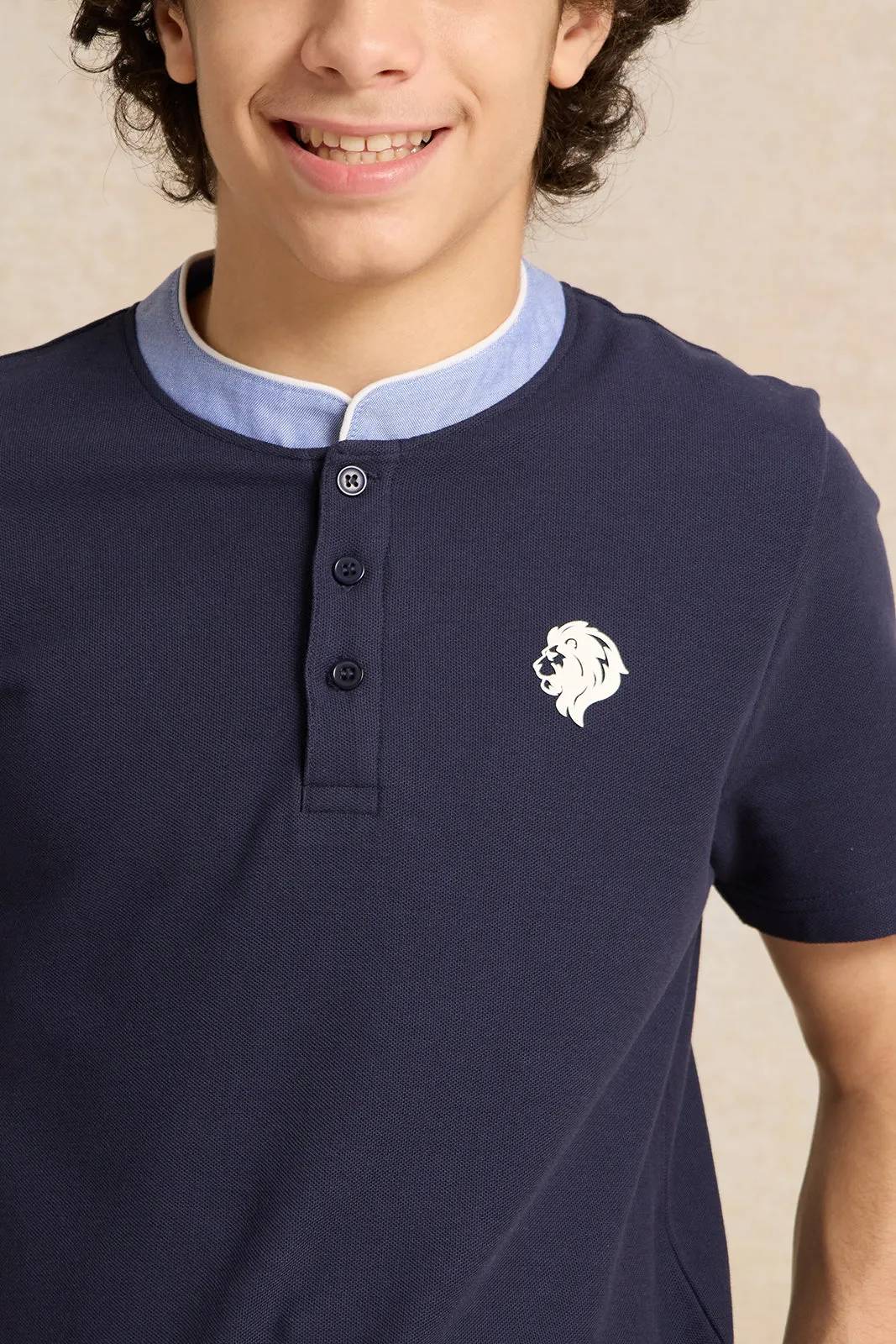 Senior Boys Navy Mandarin Collar Polo T-Shirt sold by Redtag product image thumbnail 4