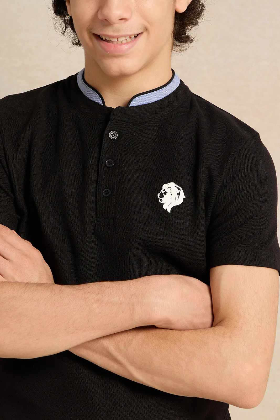 Senior Boys Black Button Collar Polo T-Shirt sold by Redtag product image thumbnail 4