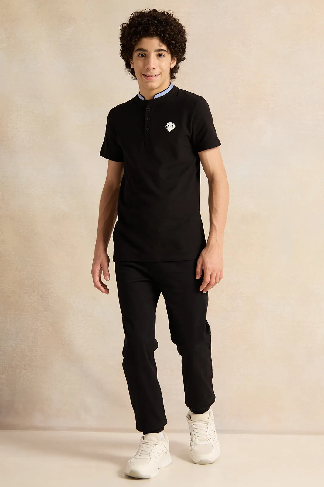 Senior Boys Black Button Collar Polo T-Shirt sold by Redtag product image thumbnail 2