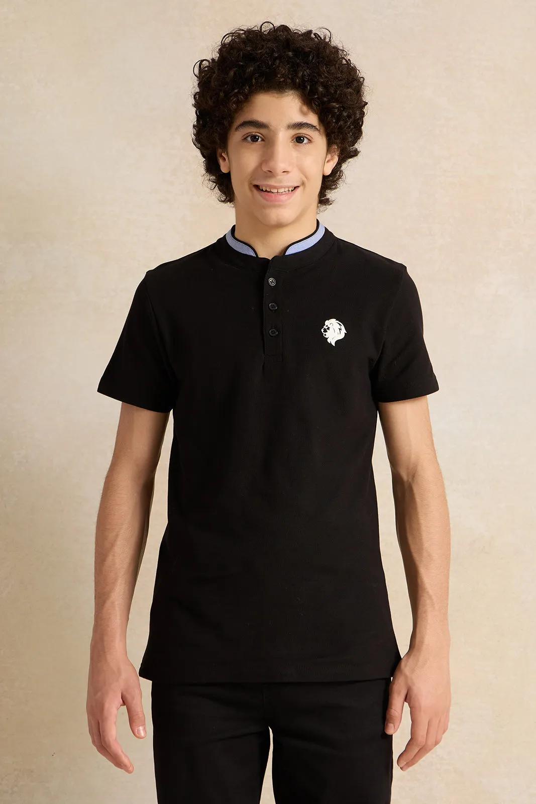 Senior Boys Black Button Collar Polo T-Shirt sold by Redtag