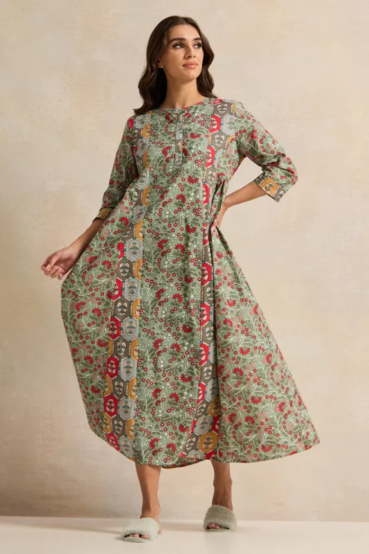 Women Green Printed 3/4 Sleeve Nightgown sold by Redtag