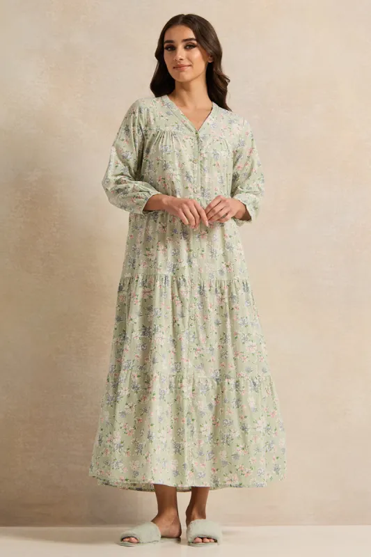 Women Green Floral Tiered Nightgown sold by Redtag