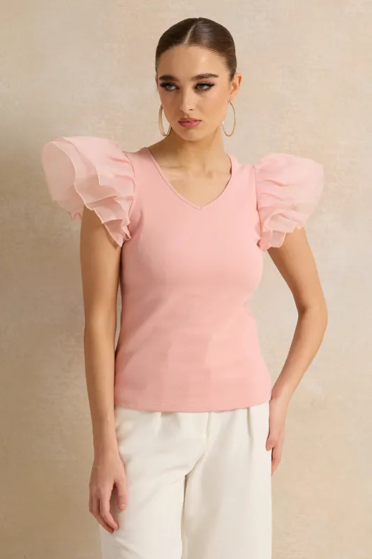 Women Pink Top With Organza Ruffle sold by Redtag