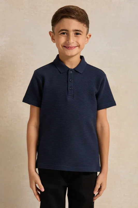 Boys Navy Ribbed Polo Shirt sold by Redtag
