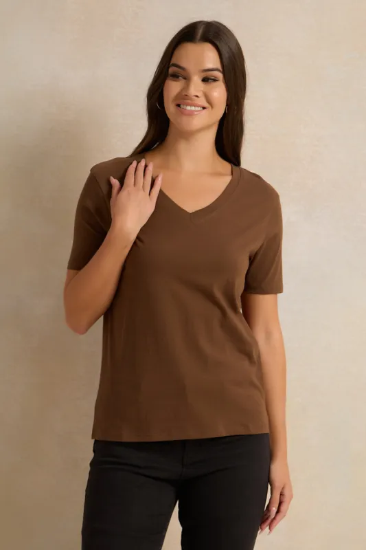 Women Brown Short Sleeve V Neck T-Shirt sold by Redtag