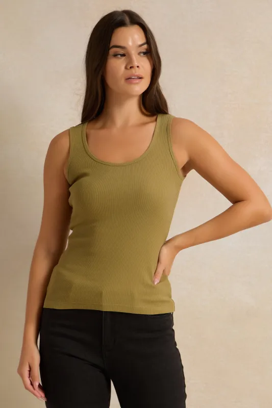 Women Olive Plain Sleeveless Vest sold by Redtag