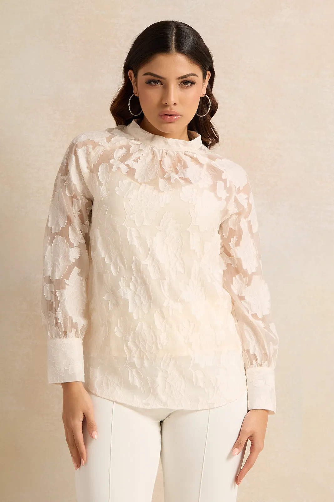Plus Size Women Spring Flower Jacquard Lacework Neck Blouse
