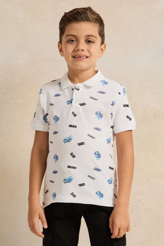 Boys White Printed Polo Shirt sold by Redtag