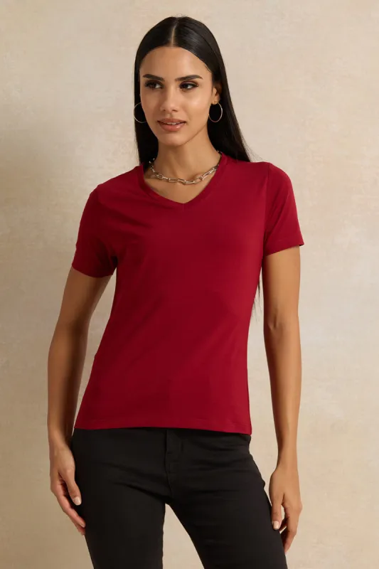 Women Red Short Sleeve V Neck T-Shirt sold by Redtag