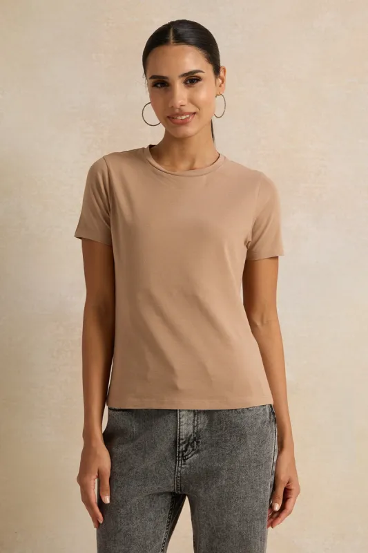 Women  Brown Short Sleeve Crew Neck T-Shirt sold by Redtag