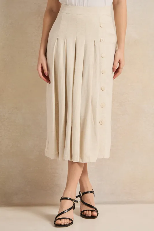 Women Beige Pleated Linen Skirt sold by Redtag
