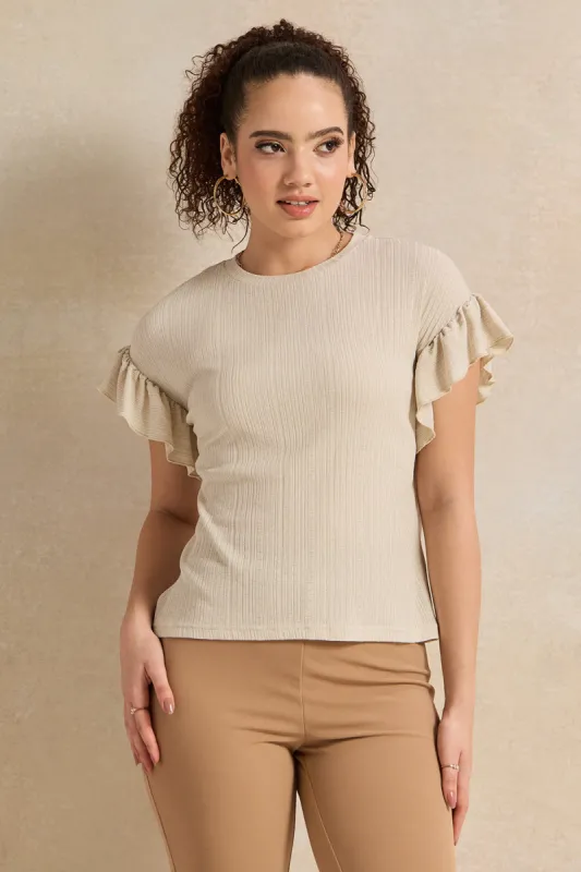 Women Beige Ruffle Top sold by Redtag