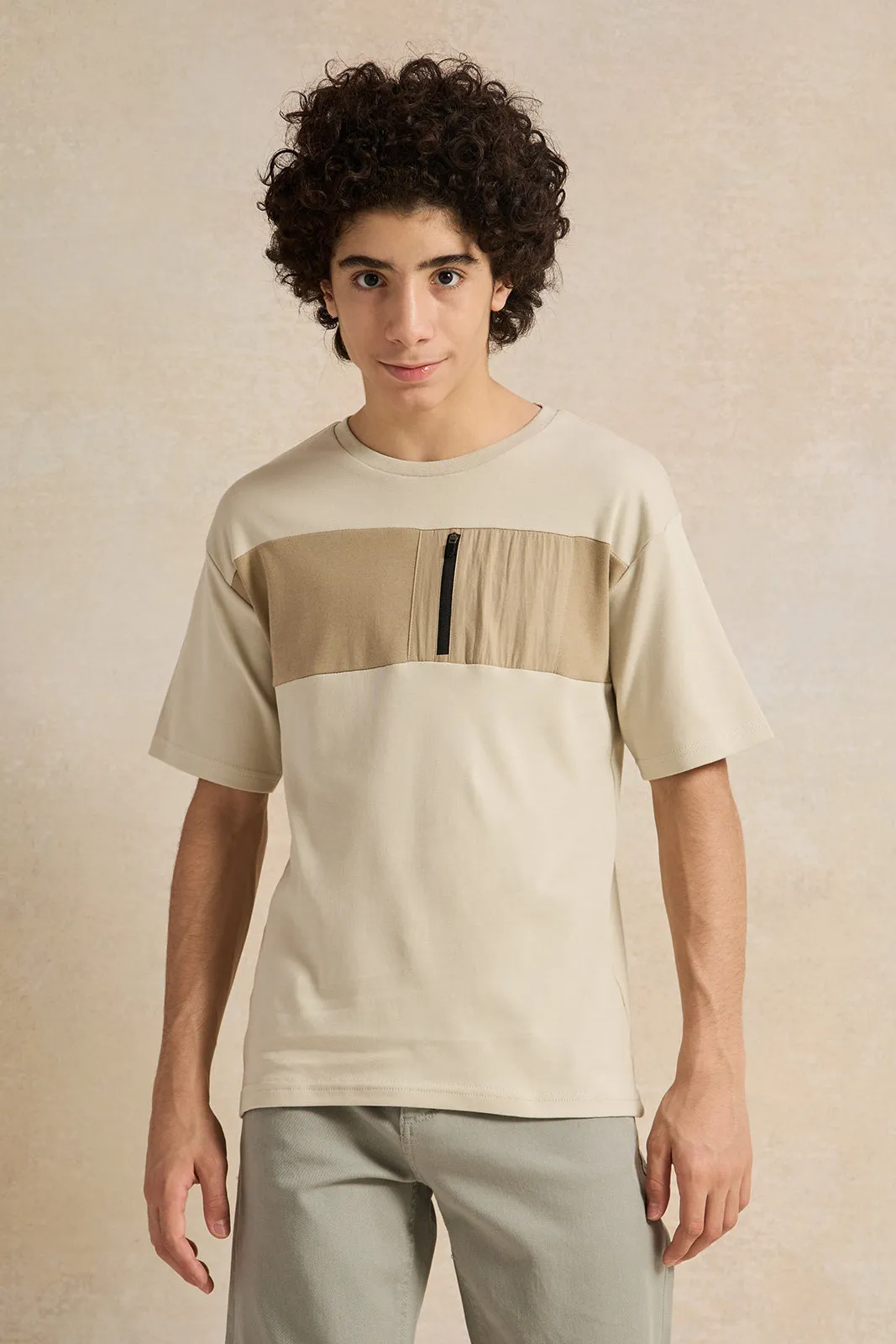 Senior Boys Beige Cut And Sew T-shirt sold by Redtag