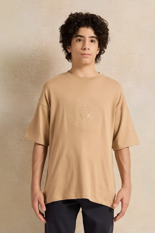 Senior Boys Beige Oversize T-Shirt sold by Redtag