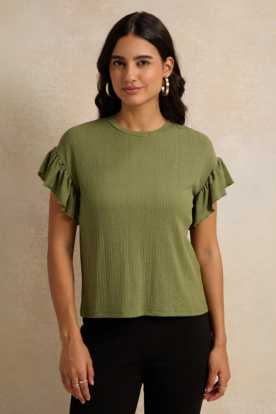 Women Green Ruffle Sleeve Top sold by Redtag