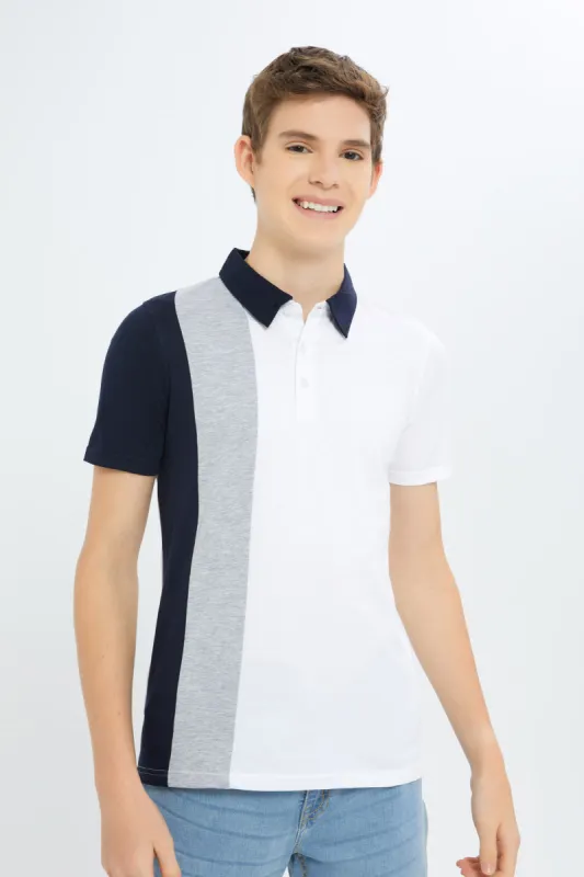 Senior Boys White Colour Block Polo Shirt sold by Redtag