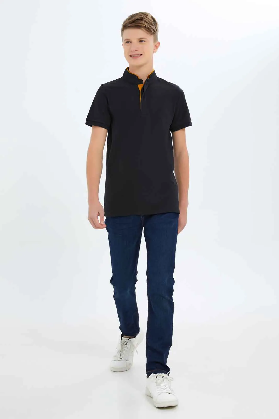 Senior Boys Black Mandarin Polo Shirt sold by Redtag product image thumbnail 2