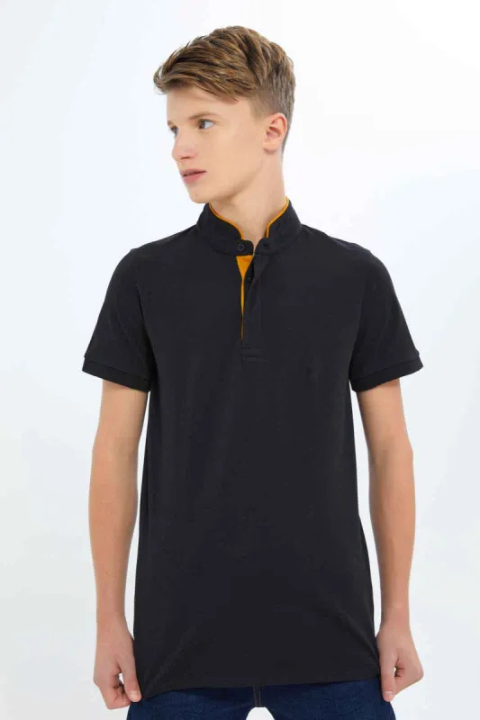 Senior Boys Black Mandarin Polo Shirt sold by Redtag