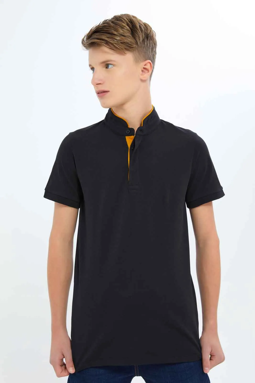 Senior Boys Black Mandarin Polo Shirt sold by Redtag
