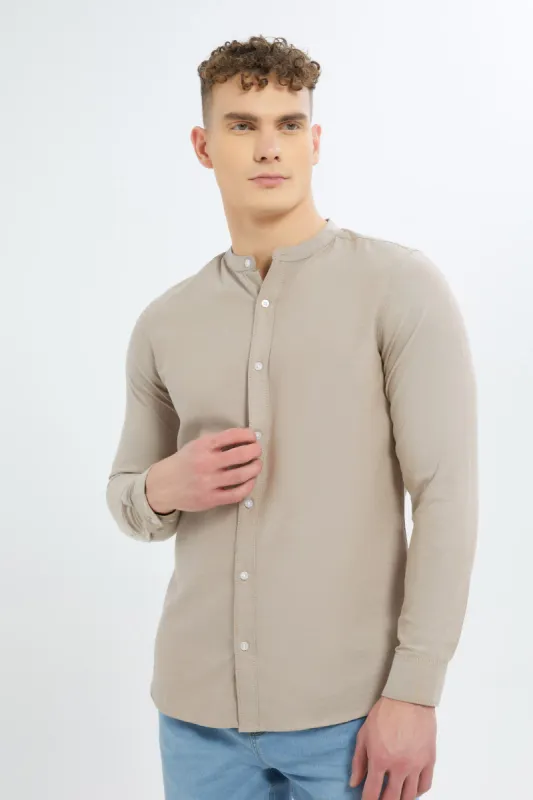 Men Beige Mandarin Collar Oxford Shirt sold by Redtag