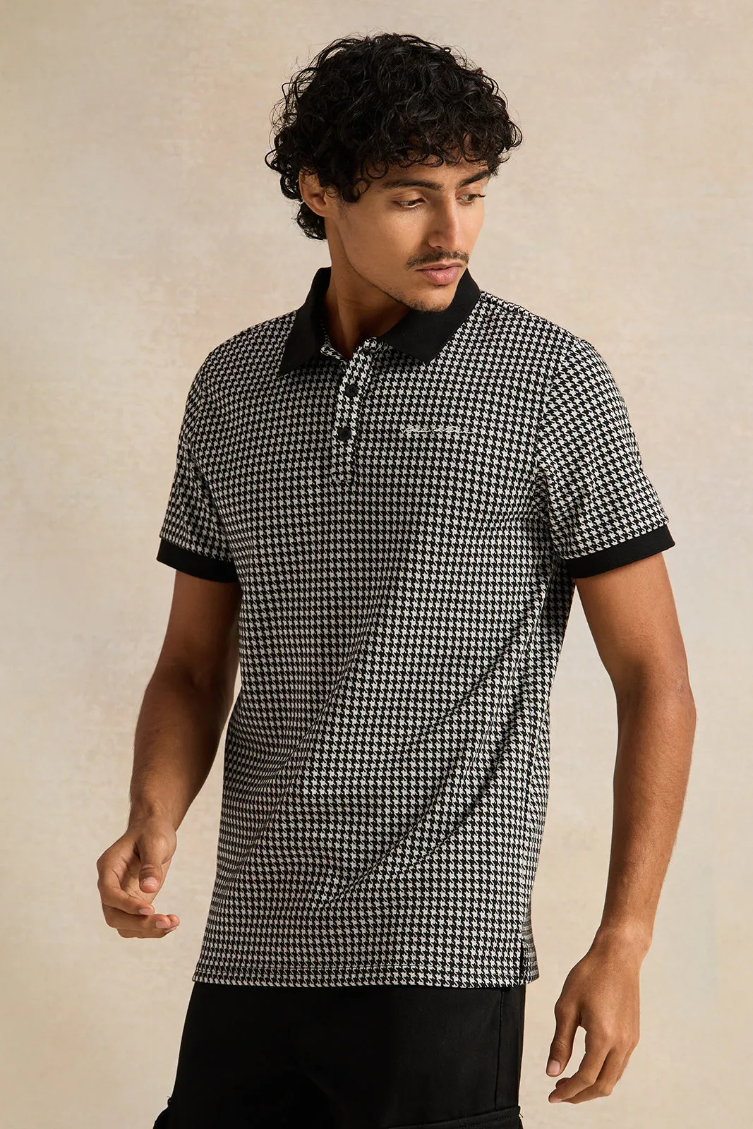 Men Black Jacquard Polo Shirt sold by Redtag