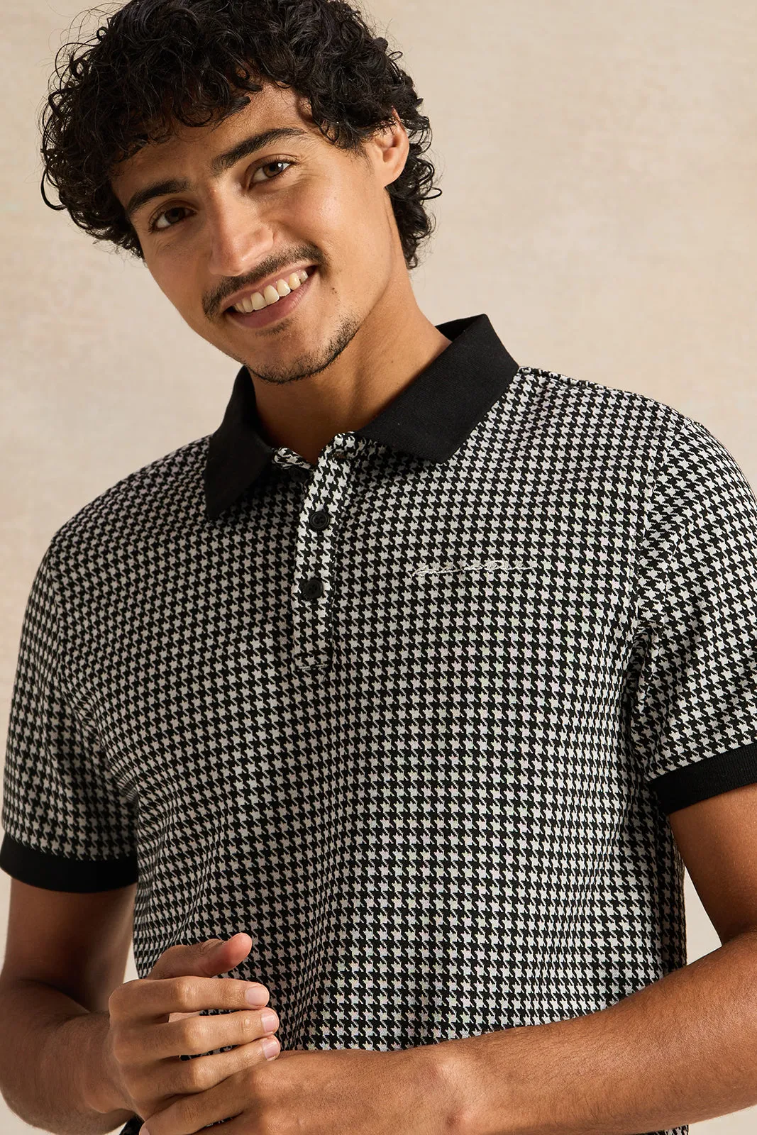Men Black Jacquard Polo Shirt sold by Redtag product image thumbnail 4