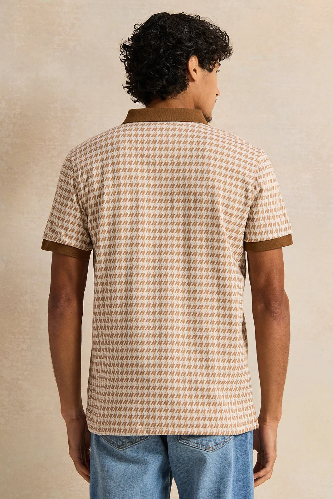 Men Beige Jacquard Polo Shirt sold by Redtag product image thumbnail 3