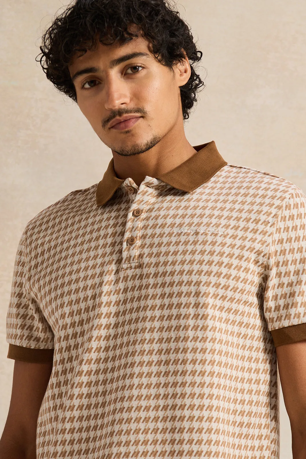 Men Beige Jacquard Polo Shirt sold by Redtag product image thumbnail 4