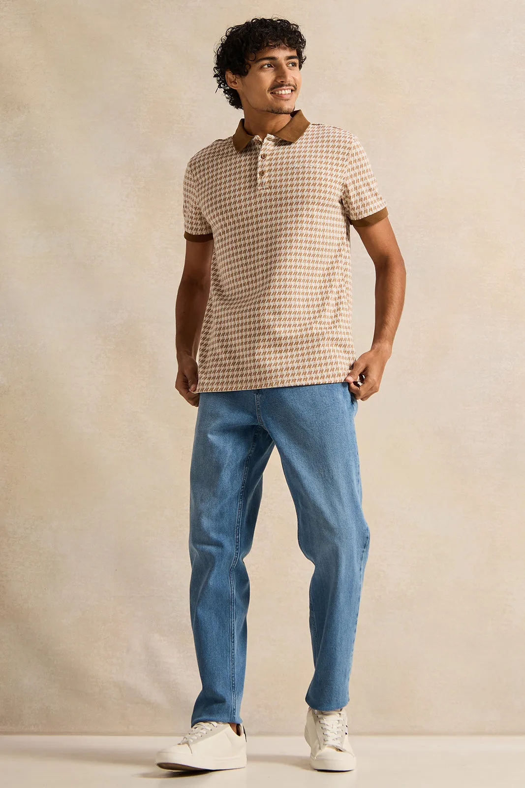 Men Beige Jacquard Polo Shirt sold by Redtag product image thumbnail 2