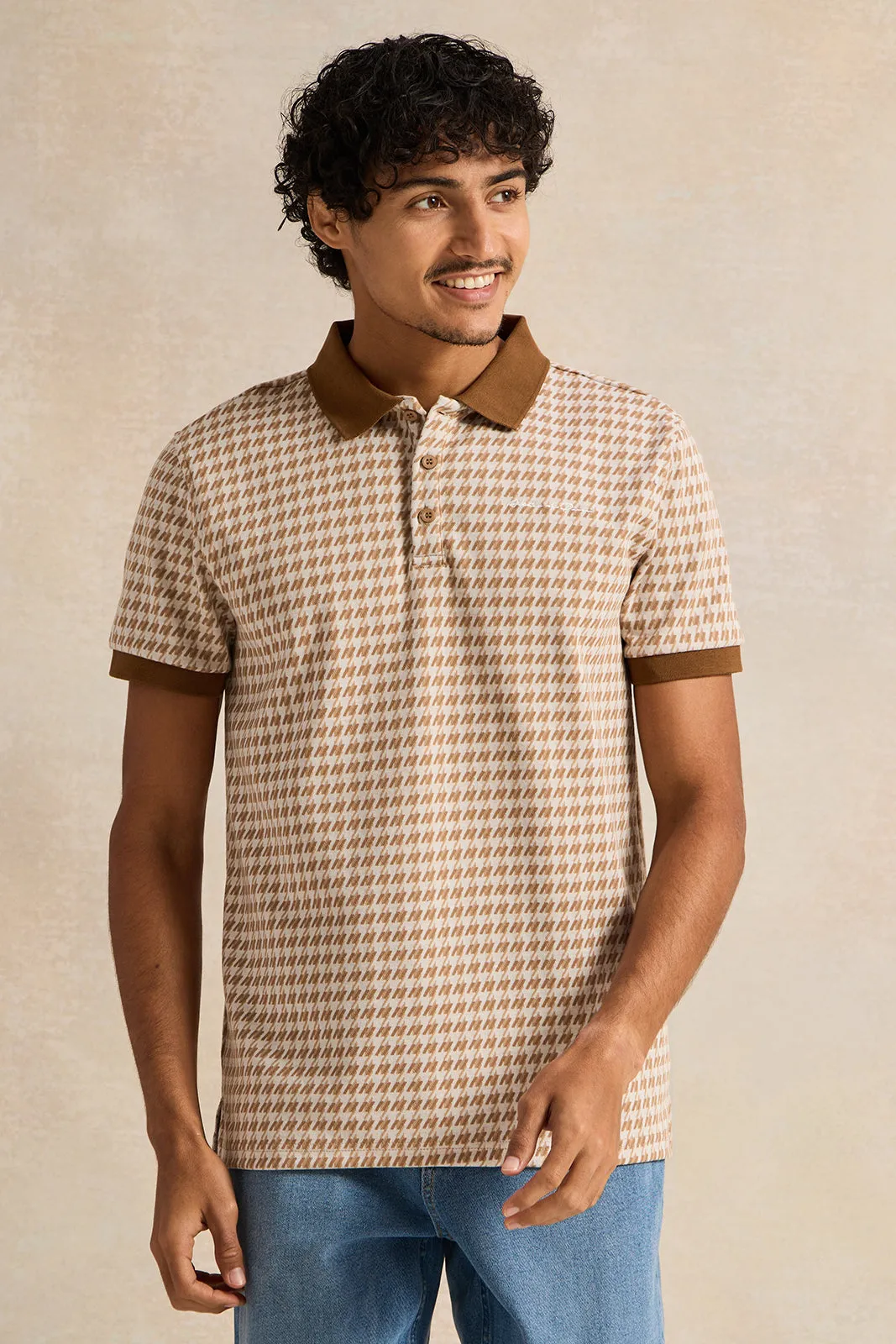 Men Beige Jacquard Polo Shirt sold by Redtag