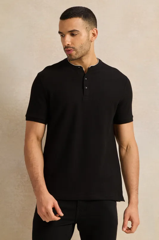 Men Black Mandarin Collar T-Shirt sold by Redtag
