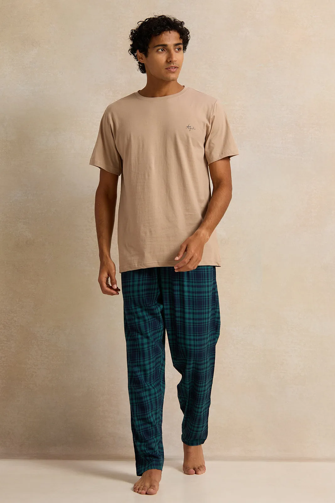 Men Beige And Checkered Pyjama Set (2 Piece) sold by Redtag