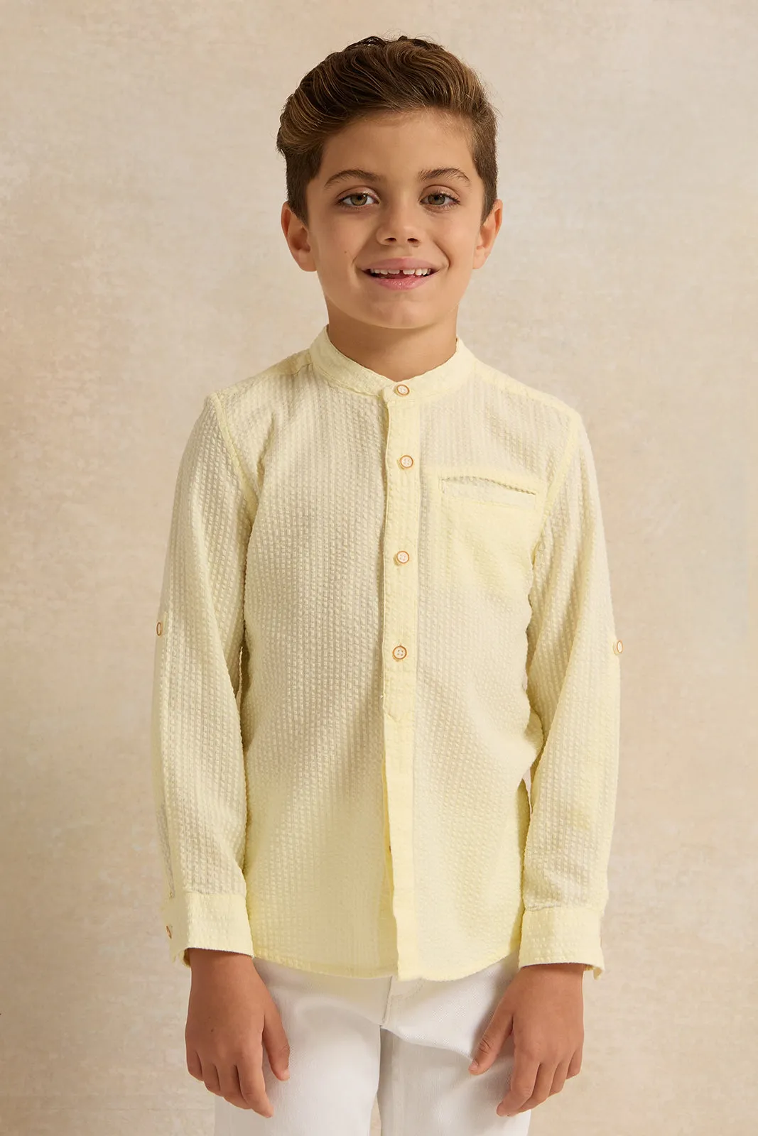 Boys Yellow Mandarin Collar Shirt sold by Redtag