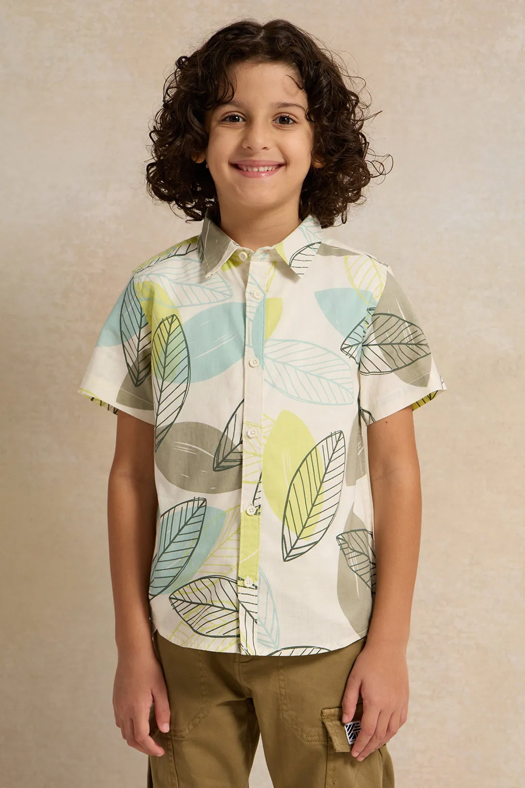 Boys Cream Leaves Printed Shirt sold by Redtag