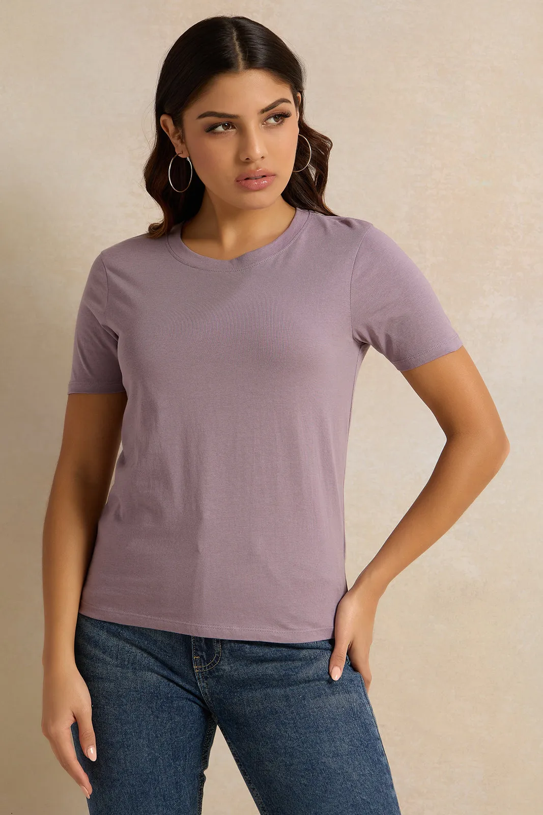 Women Mauve Basic Crew Neck T-Shirt sold by Redtag
